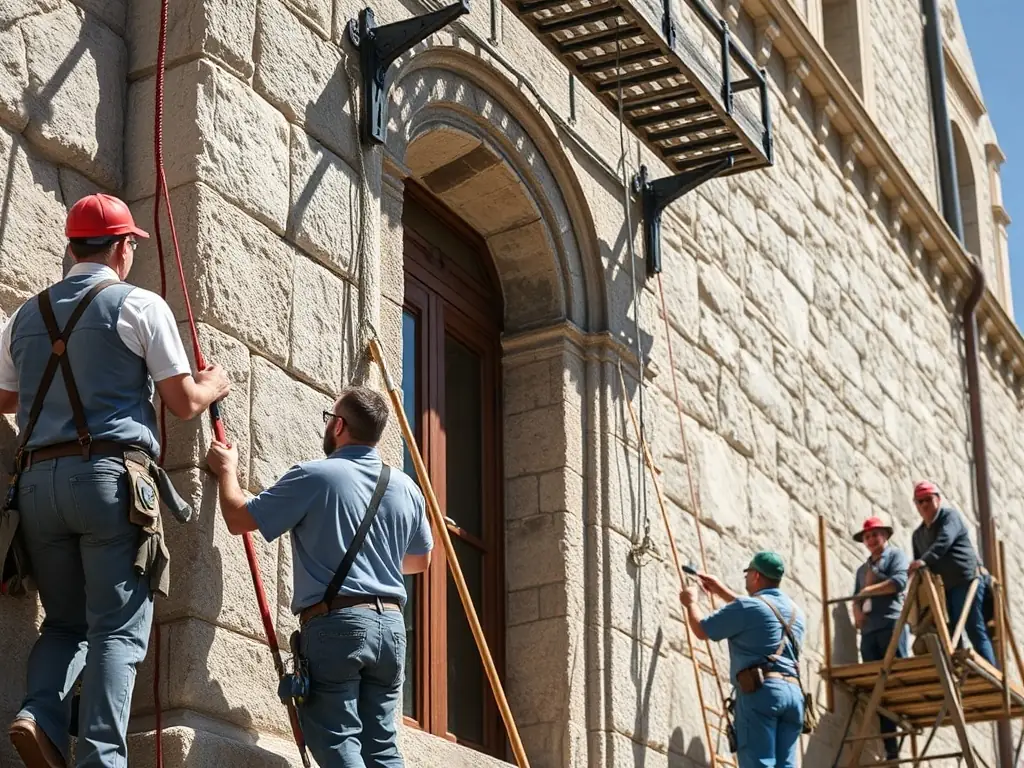 A vibrant photograph showcasing volunteers working on the restoration of a historical building in Charente, France. The image captures the dedication and community spirit involved in preserving local heritage.