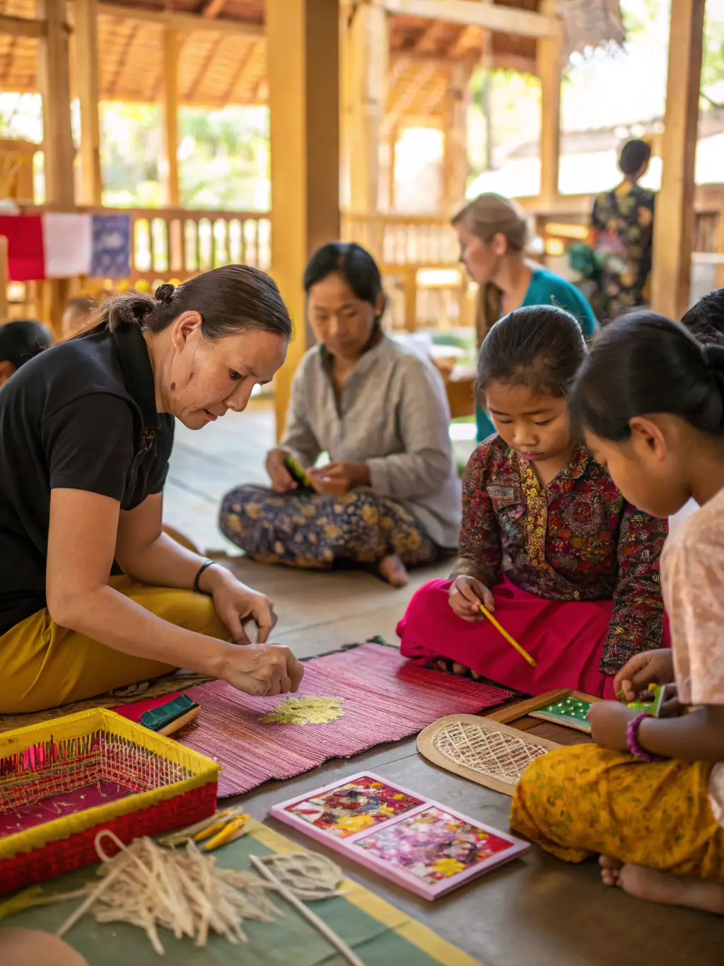 A photo of children participating in a cultural workshop, learning traditional crafts and stories from local artisans in Charente.