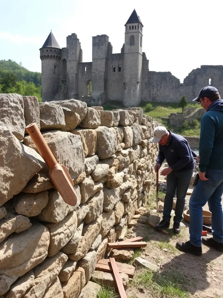 An image of volunteers working together to restore a section of an old stone wall at a local heritage site in Charente.