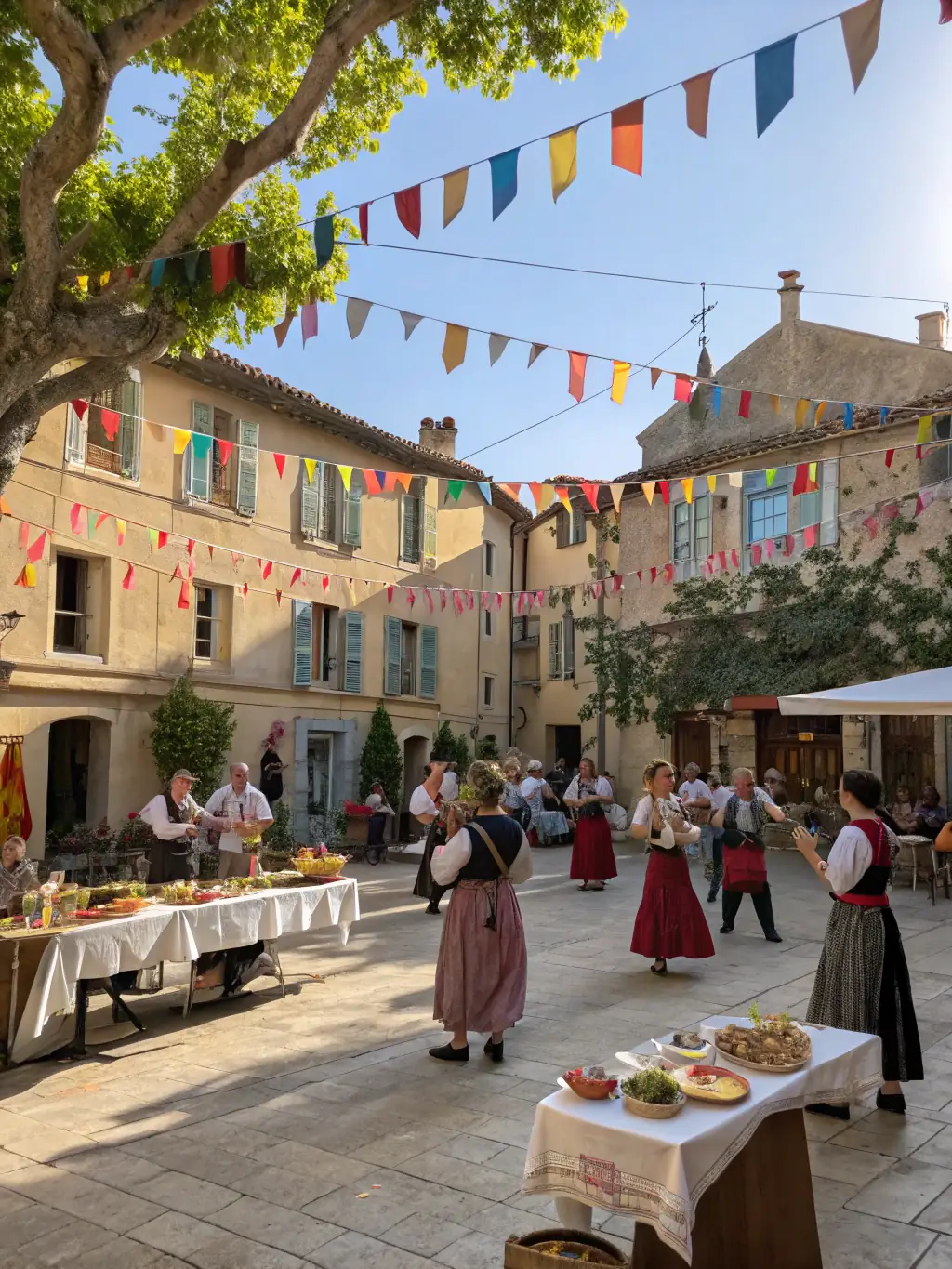 A photograph capturing a lively traditional music performance in a historic town square in Charente, France, with people of all ages enjoying the event.